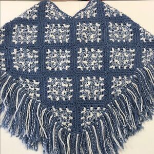 Handmade Crocheted Girls’ Poncho w/ Fringe – Blue & White – Approx 4-6 yrs